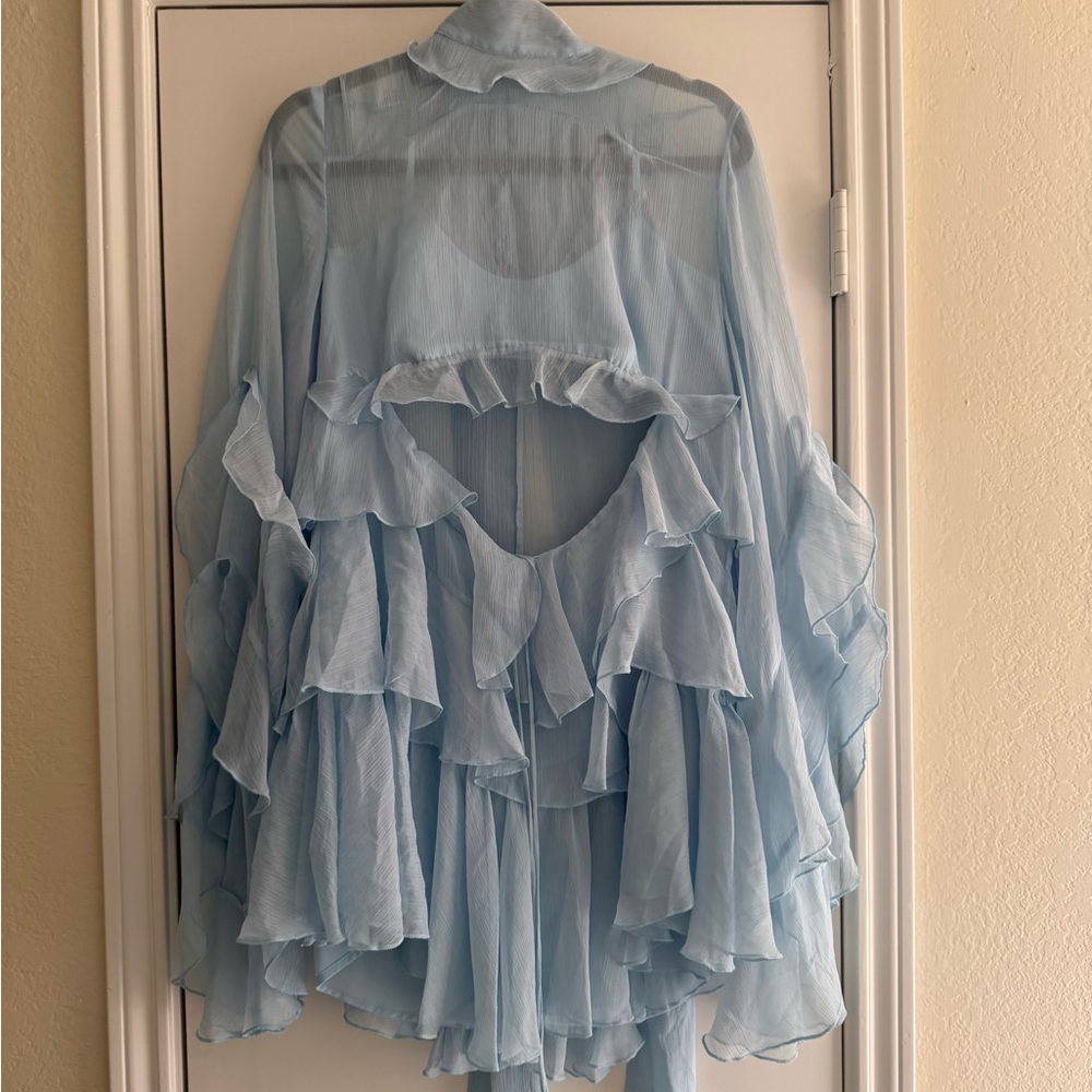 Revolve Sheer Ruffled Blue Dress